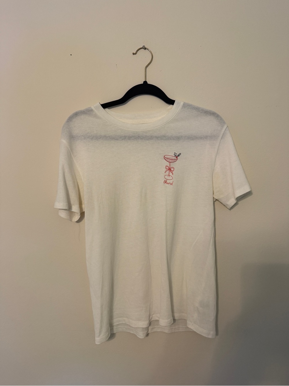Z Supply White Short-Sleeve Tee with Pink Embroidered Cocktail
